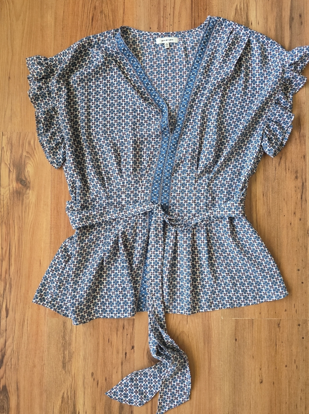 Max Studio Blue Printed Tie-Front Flutter Sleeve Blouse